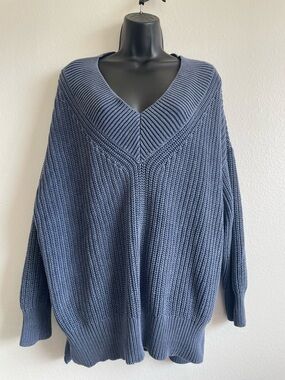 Aerie Chunky Knit Oversized Sweater Blue Slouchy V Neck Cozy Size Large